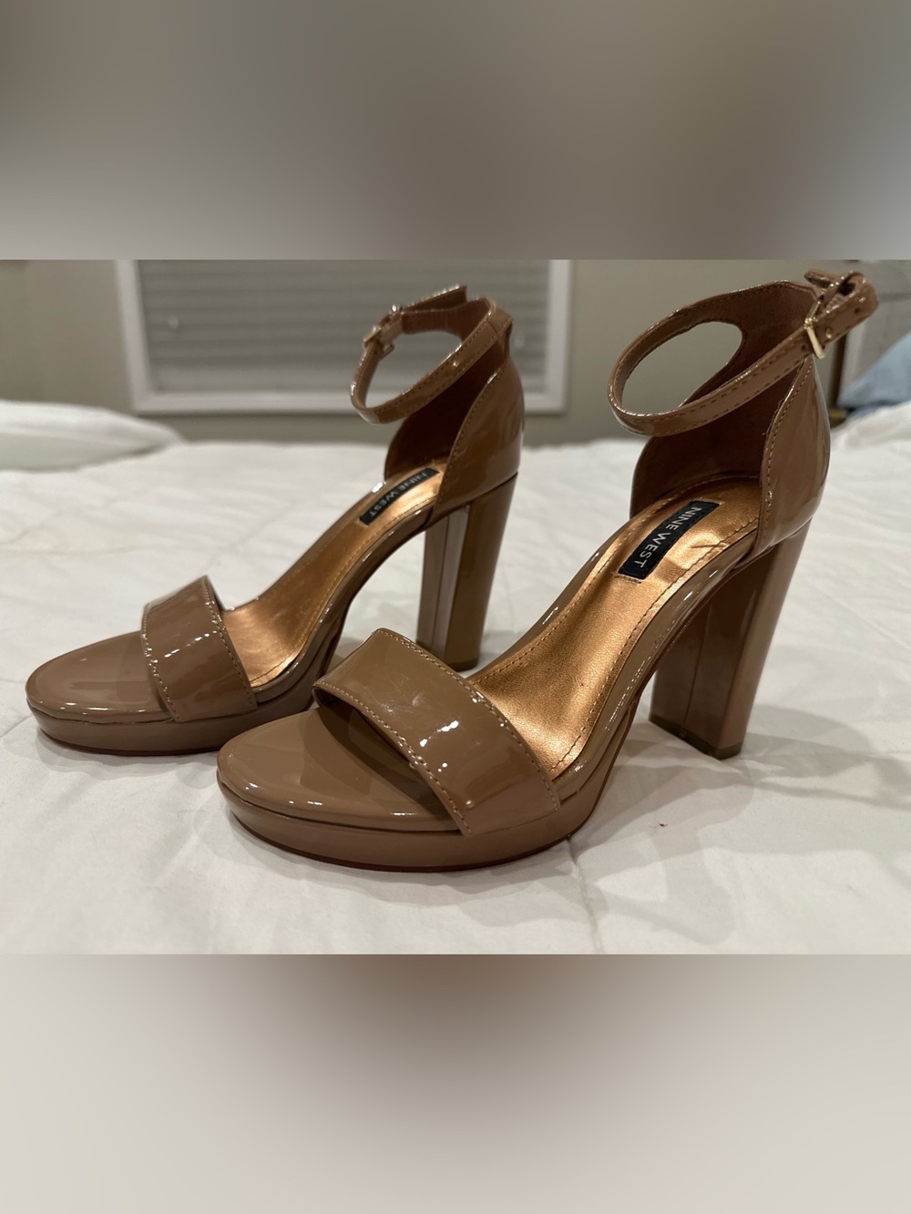 Nine West High Heel Ankle Strap Sandals in Nude Patent